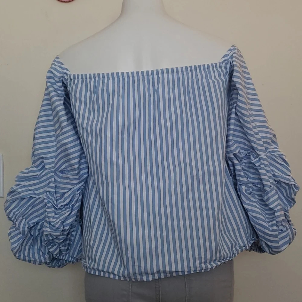 Petersyn Women’s Off-Shoulder Blue & White Striped Top - Picture 8 of 15